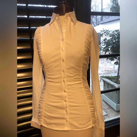 Anne Fontaine Tops - ANNE FONTAINE PARIS, WHITE BUTTON UP WOMEN'S SHIRT WITH RUCHING, SZ 38, EUC